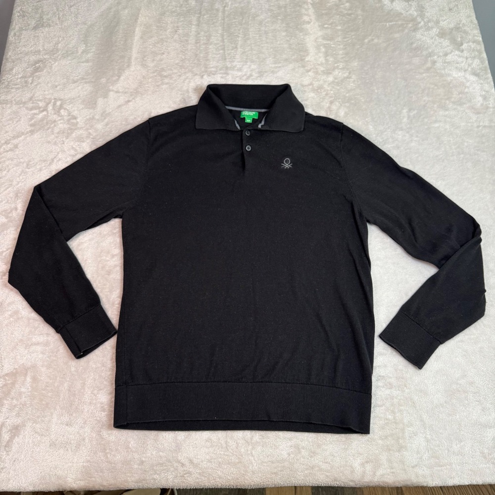 United Colors of Benetton Mens S Black Long Sleeve Polo Lightweight Shirt